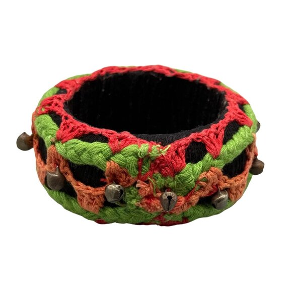 Tribal Embroidered Handmade Statement Cuff Bangle Bracelet with Bells Ethnic - Picture 1 of 6